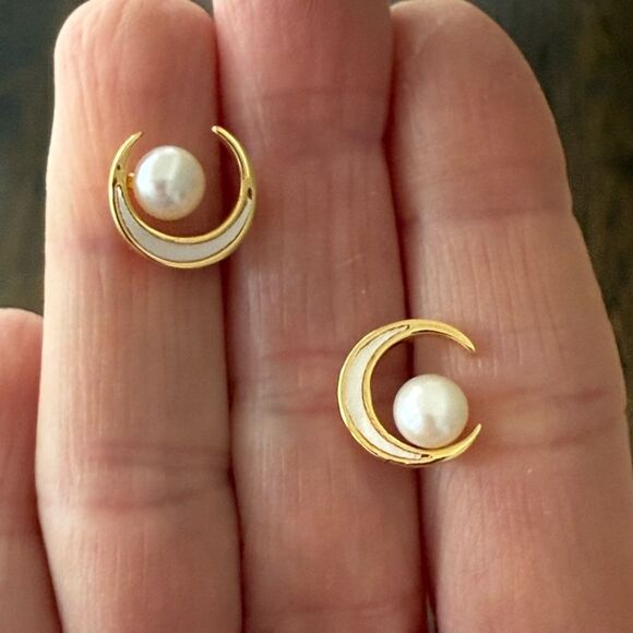 Crescent Moon & Freshwater Pearl Earrings, Lunar Studs, 18k Gold Vermeil Jewelry - Picture 4 of 8